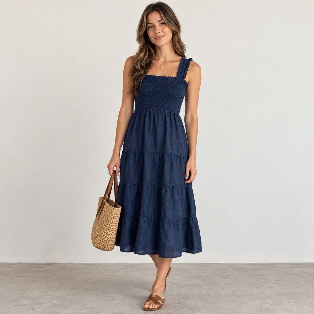 Quince 100% European Linen Smocked Midi Dress Deep Navy Size M Tiered Ruffle